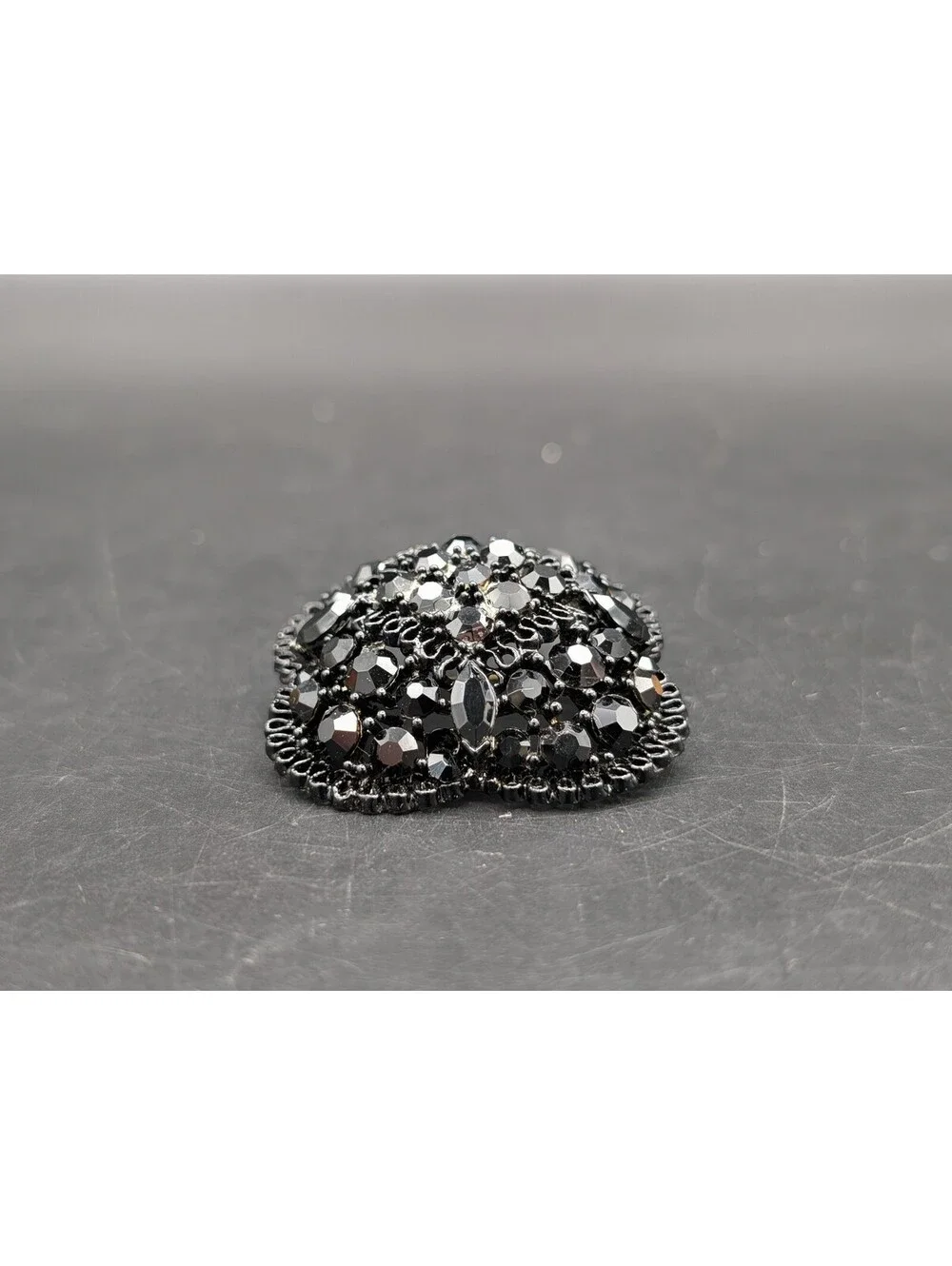 Signed LISNER Vintage Black Rhinestone Brooch Japanned Metal Cluster Pin 50s